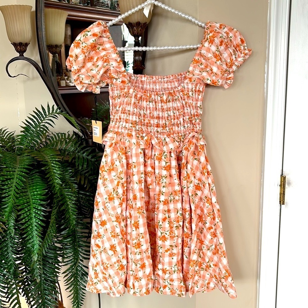 Brand New Smak Parlour Peach Gingham Floral Smocked Mini Dress Puff Sleeves Mod - Picture 9 of 15